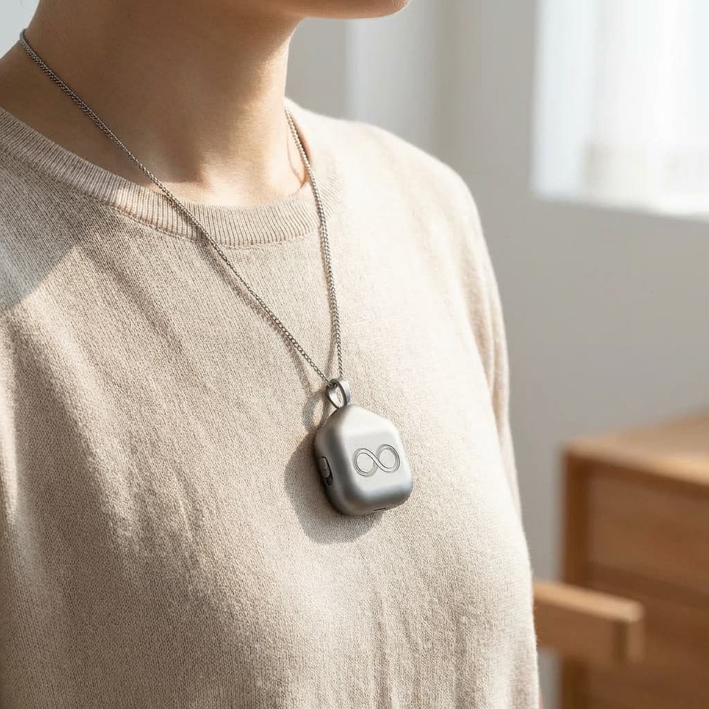 Man wearing Memorion pendant device